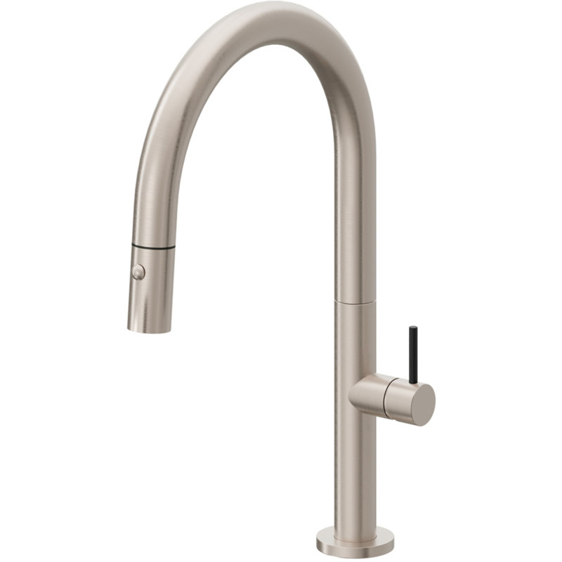 Pull-Down Kitchen Faucet With Button Sprayer - Low Arc Spout, Satin Nickel, Black Short Stick