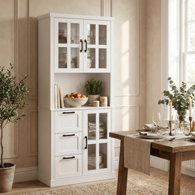 Grand garde-manger blanc avec portes en verre et 3 tiroirs, armoire de rangement autoportante pour la salle à manger