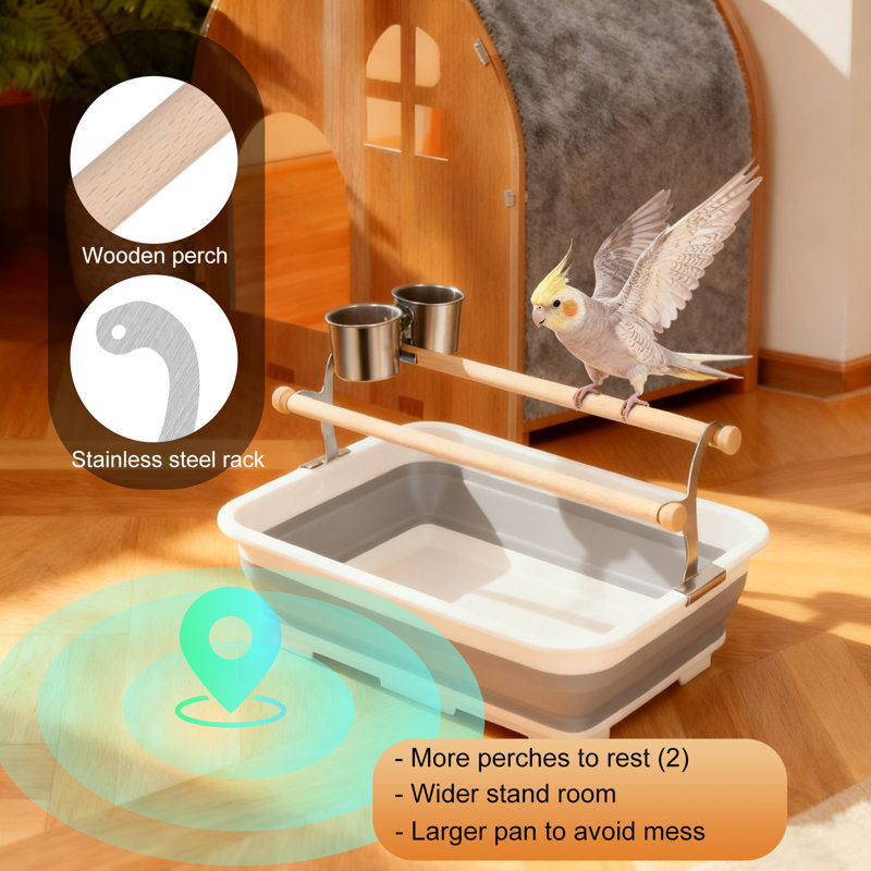 Bac à bain d'oiseaux avec perchoir et tasses, blanc et gris, grand, White