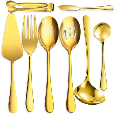 8-Piece Stainless Steel Serving Utensil Set - Includes Serving Spoons, Slotted Spoon, Fork, Ice Sugar Tongs, Cake Server, Soup Ladle - Mirror Polished For Buffet Catering Banquet Party