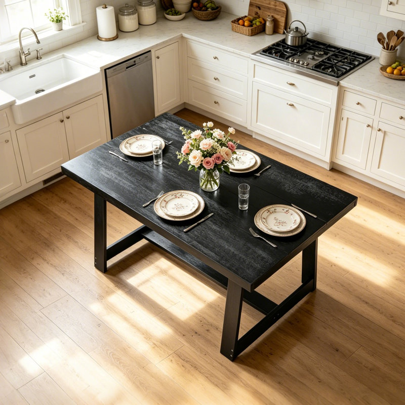 47" Solid Wood Dining Table For 4, Farmhouse Kitchen Table For Small Spaces, Black
