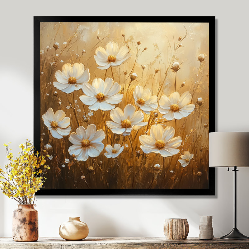 Golden Dancing parmi les marguerites - Art mural de fleurs sauvages pour le salon, Reproduction encadrée d'une seule photo