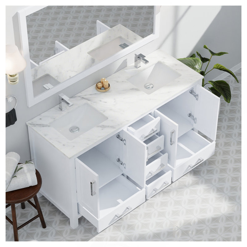 Meuble-lavabo blanc 60 po X P 22 po D, avec plateau en marbre de Carrare