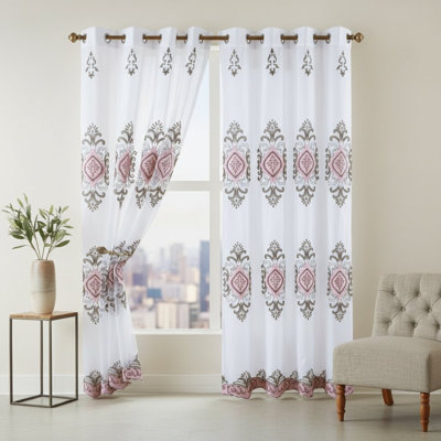 Embroidered Curtain Set, 2 Panel Drapes with Backing & Valance, Medallion Pattern