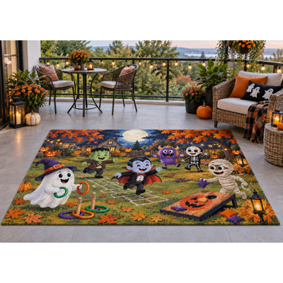 Tapis d'extérieur 152 x 213 cm (5 pi x 7 pi) avec des motifs monstres d'Halloween, idéal pour les jeux en plein air. Tapis épais, imperméable et résistant, en PVC bouclé, à séchage rapide, parfait pour une entrée ou une terrasse.