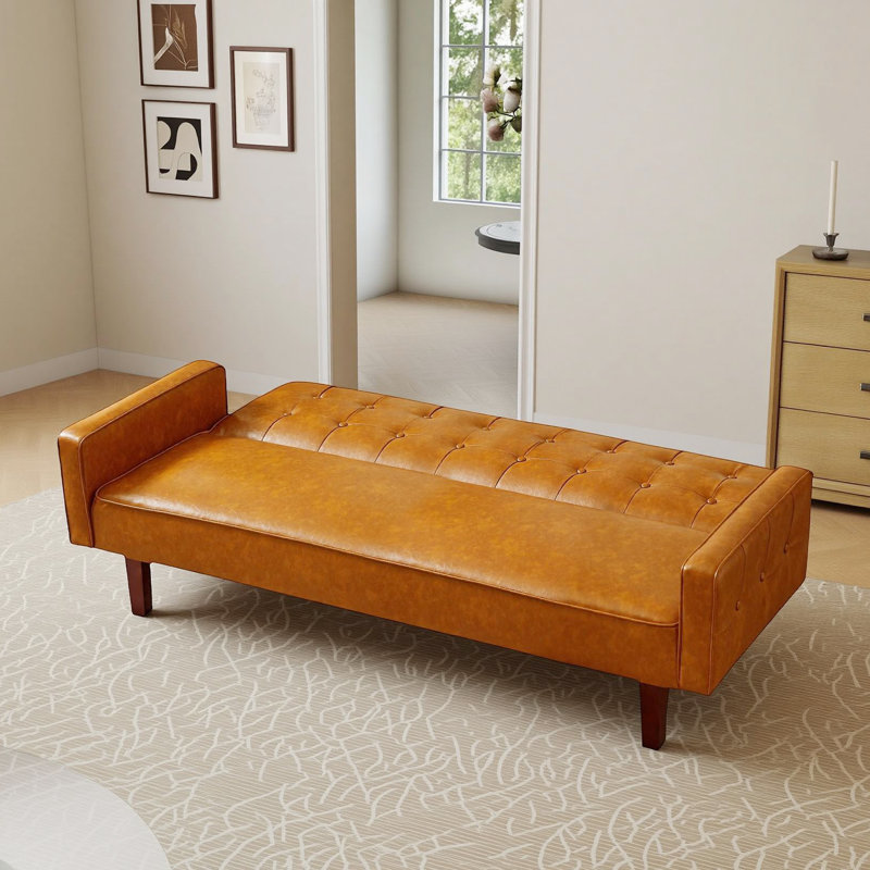 PU Futon Sofa Couch For Living Room Convertible Faux Leather Upholstered Futon Sleeper Sofa Bed Channel Tufted Bedroom Futons With Solid Wood Legs For Small Spaces
