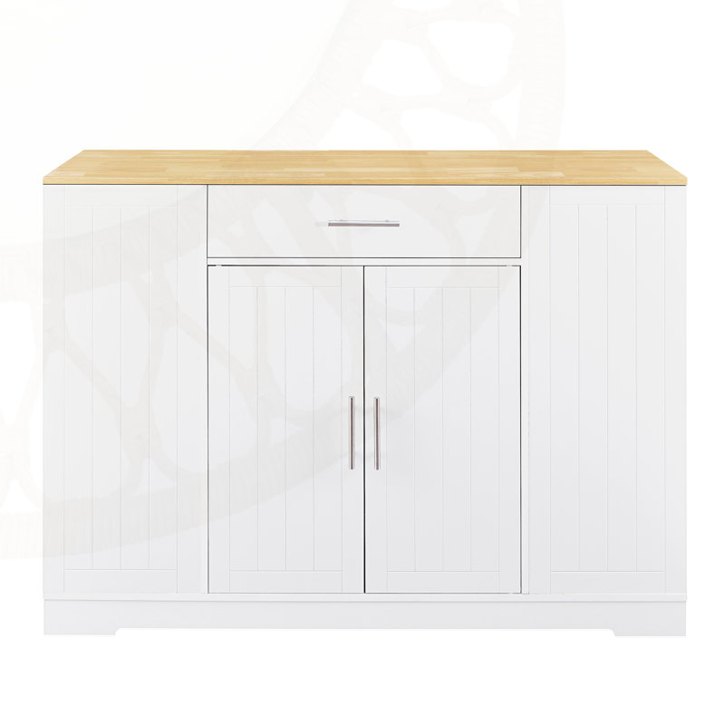 53.2'' Kitchen Storage Island with Drawers and Trash Can Cabinet, Modern Farmhouse Design for Efficient Space Utilization.