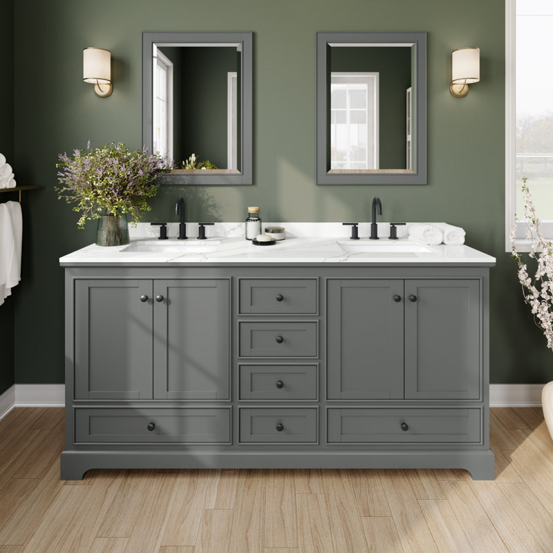Deborah Free Standing Double Bathroom Vanity with Quartz Top, Giotto Quartz, Dark Gray, Matte Black