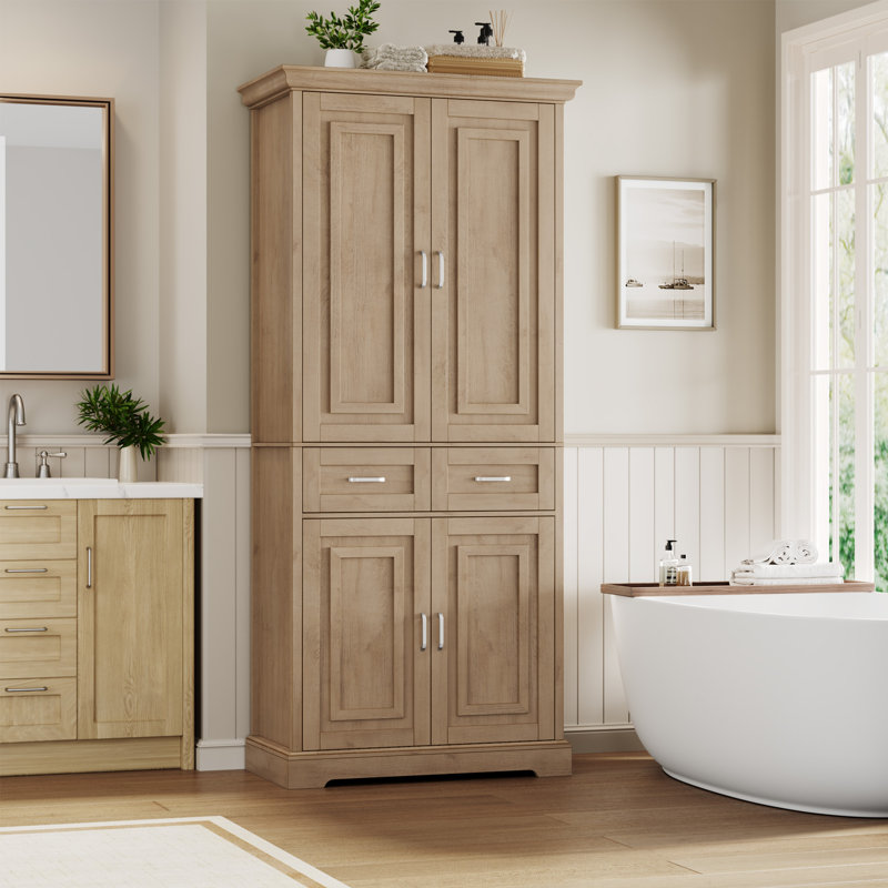 Armoire de salle de bain autoportante 67 po avec 2 tiroirs 67 po, Chêne