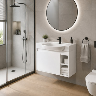 28" Modern Wall-Mounted Bathroom Vanity Set，Plywood Cabinet with Soft-Close Door & Glossy White Ceramic Sink，Large Storage Solution for Master Bath