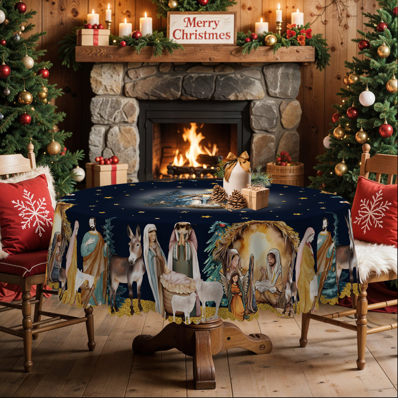 1pc Christmas Themed Print Tablecloth, Round/Rectangular Table Cloth, Mantel Para Mesa De Comedor, Xmas Decor, Holiday Party Indoor Dining Decor, Round Rectangle Christmas Table Cover, Festive Home Kitchen Accessory Gifts, Several Sizes Available
