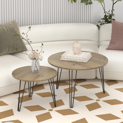 Ensemble de 2 tables basses gigognes rondes de 27,56 po, ensemble de tables de bout gigognes circulaires, plateau de table rond en bois et base en métal robuste pour le salon, la chambre à coucher, brun