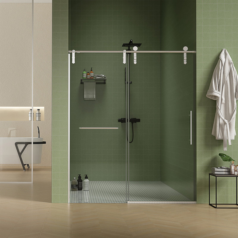 Porte de douche coulissante réglable sans cadre de 56 à 60 po de largeur x 76 po de hauteur, verre trempé de 8 mm avec revêtement facile à nettoyer et tampon