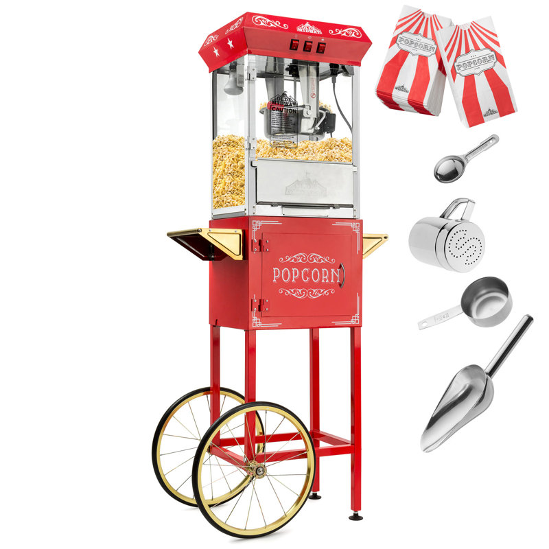Olde Midway Vintage Popcorn Machine and Cart, Red, 10 oz.