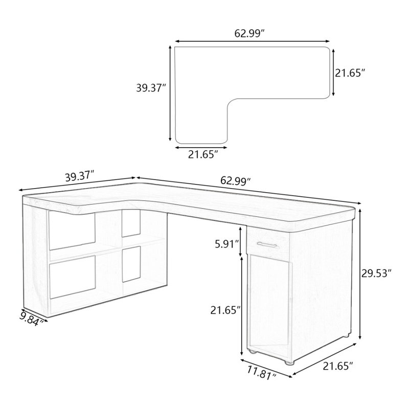 Bureau de direction brun en L en bois massif avec 1 tiroir, H 29,53 po x l 62,99 po x P 39,37 po, Retour à gauche