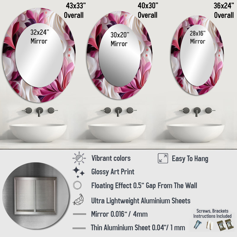 Miroir mural rose et blanc avec vagues abstraites Serenity, H 36 po x l 24 po