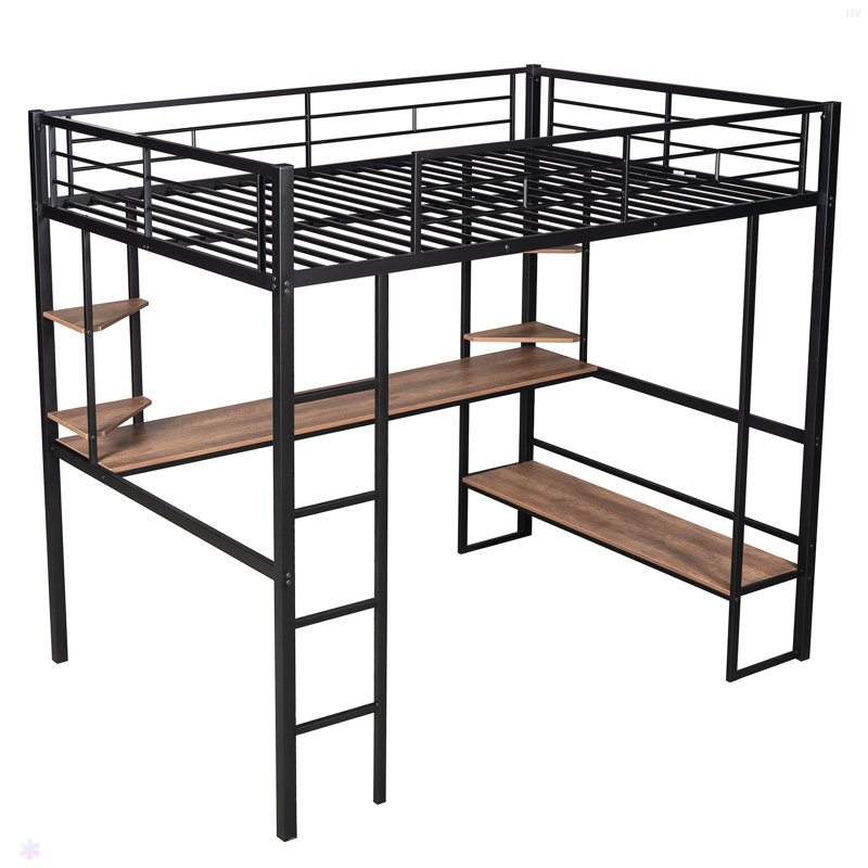 Lit Loft en métal et panneau de fibres à densité moyenne avec long bureau et tablettes