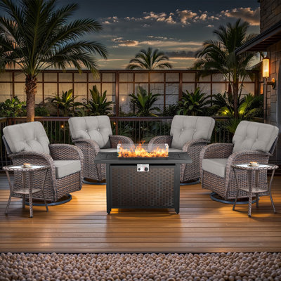 Luxury 7-Piece Patio Conversation Set with Propane Fire Pit Table and 4 Swivel Rocker Chairs, All-Weather Wicker Deep Seating Outdoor Furniture Set for Backyard, Deck