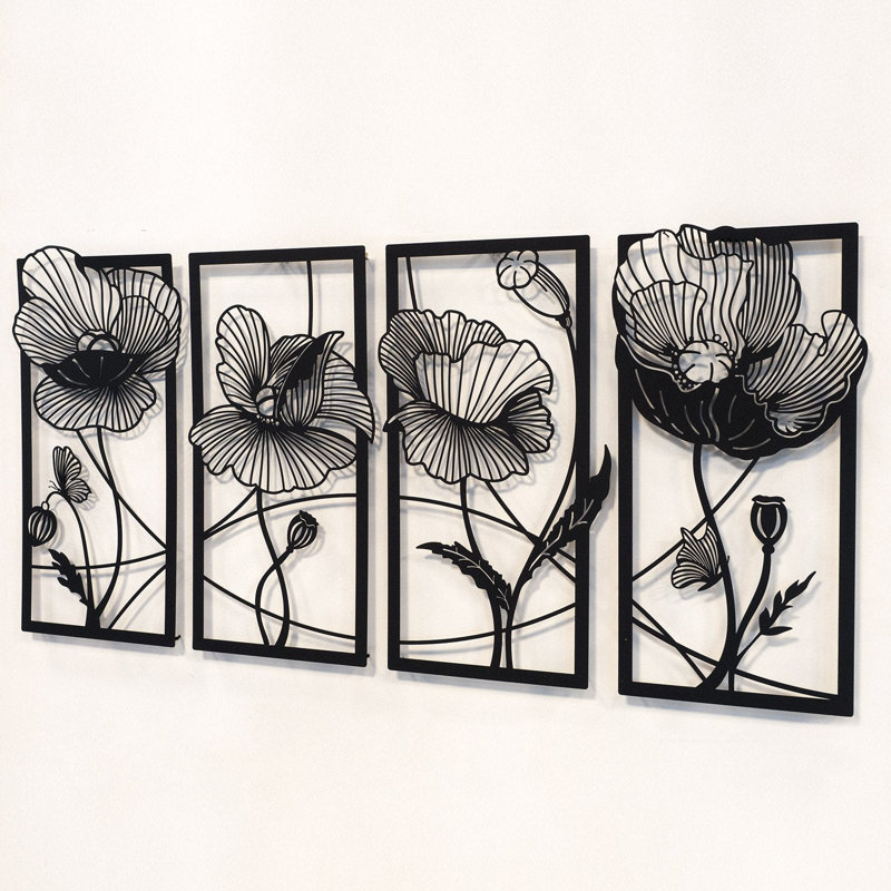 Ensemble d'art mural en métal Blossom - 4 pièces, Noir, H 35 po x l 75 po x P 1 po