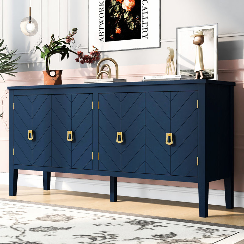 Buffet bleu marine avec motifs géométriques captivants et poignées en métal rétro élégance intemporelle en bleu, motifs, poignées rétro,