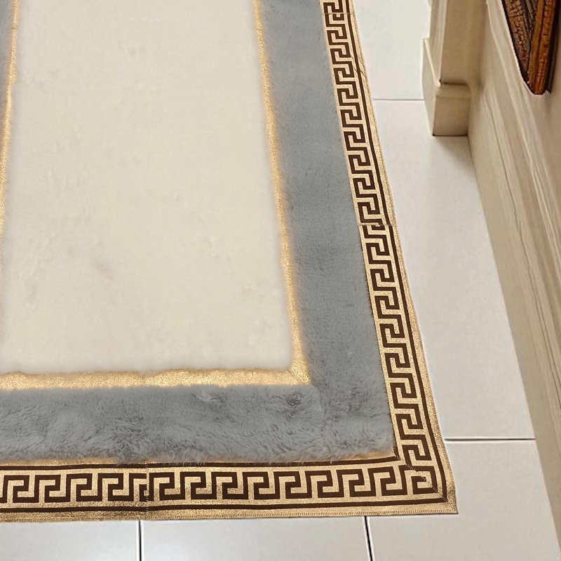 Tapis de couloir ou de vestibule gris et blanc moelleux, Rectangle 6 pi x 9 pi
