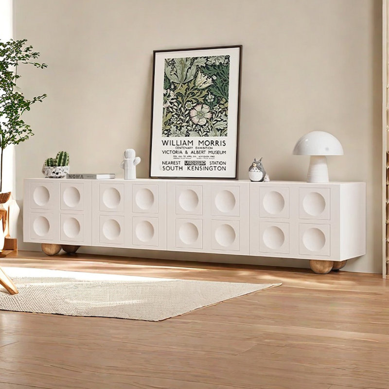 Creamy white simple solid wood TV cabinet, 86.61"