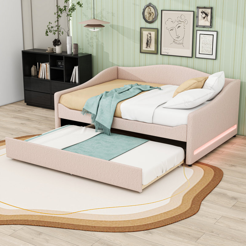 Upholstered Daybed with Twin Trundle and LED, Beige, Full/Double
