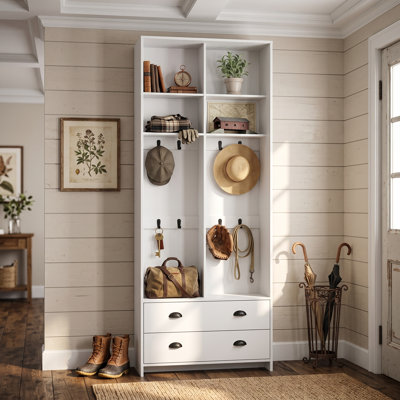 Porte-manteau blanc 4 en 1 avec banc de rangement, 8 patères, 4 tablettes ouvertes et 2 tiroirs