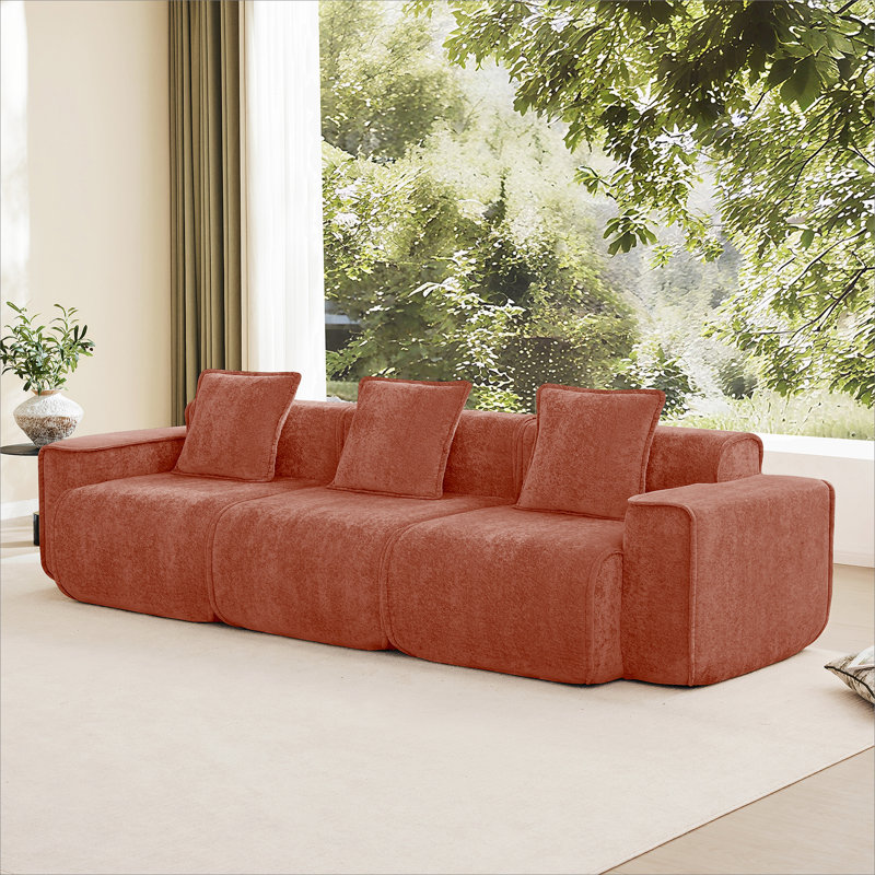 Canapé modulaire à 3 sièges profonds avec passepoil à bordure française, sans assemblage requis, canapé moderne à 3 places avec coussins décoratifs, tissu de velours rouge