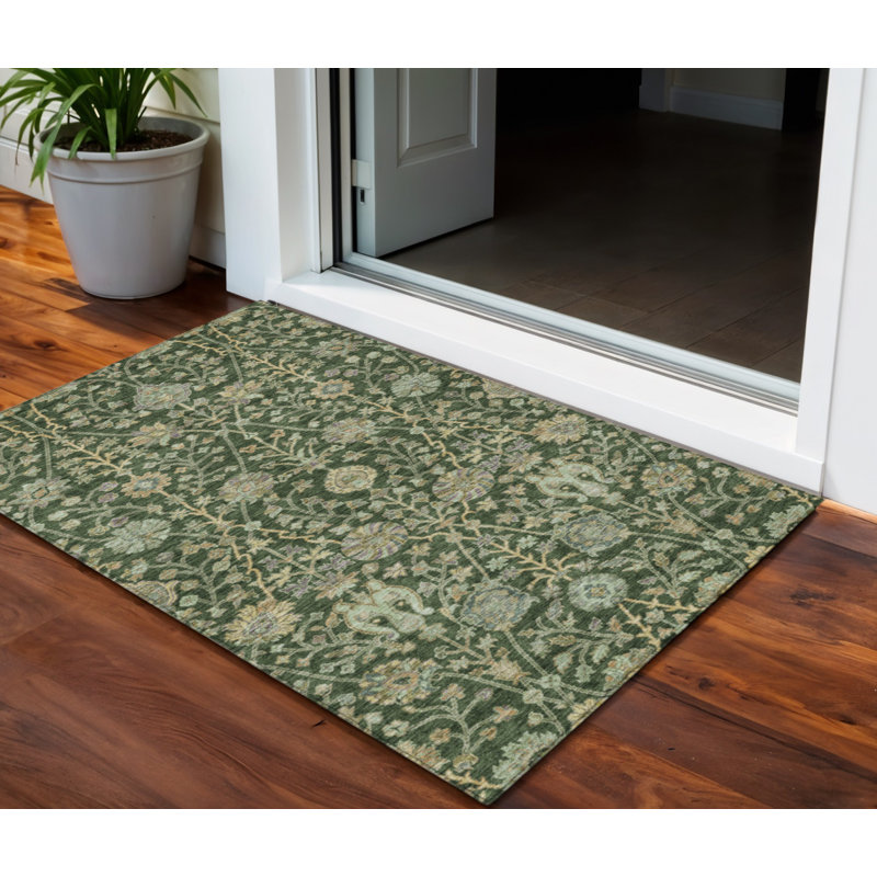 3' X 5' Green Tan And Gray Floral Washable Indoor Outdoor Area Rug