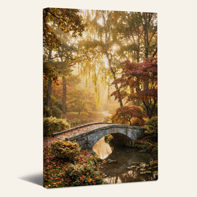Pont de pierre doré et ensoleillé dans une forêt d'automne - Tableau sur toile