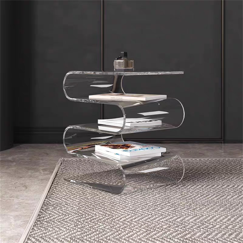 Table d'appoint en forme de S avec porte-revues en acrylique - Présentoir transparent pour salon, chambre à coucher et salle de bain