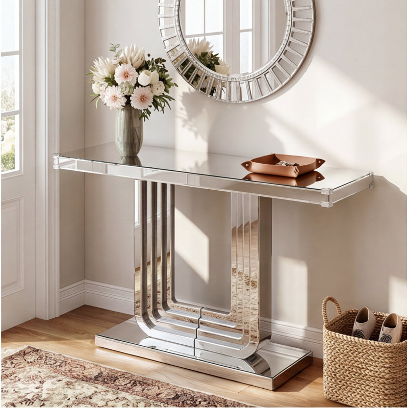 Console 47 po à miroir argenté avec base en forme de U et lignes épissées à la main, table d'entrée pour salon, couloir, vestibule