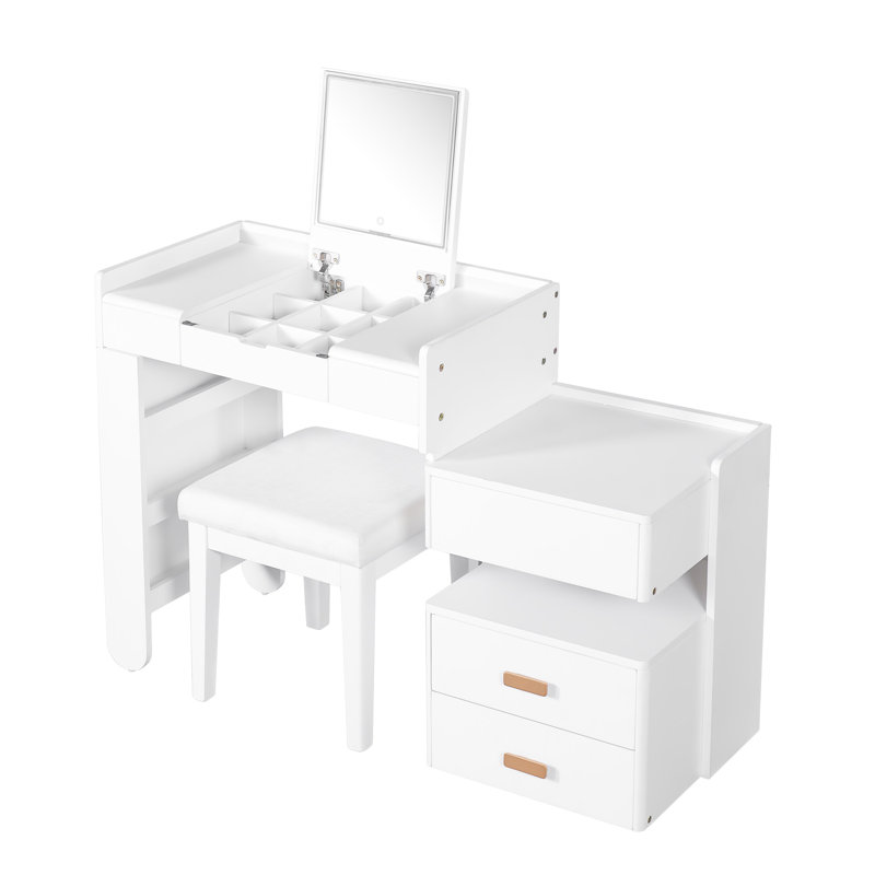 31 Dressing Table With Flip-top Mirror, 3 Lighting Settings, And Ample Jewelry Compartment - Store Your Securely Multi-functional Hidden Options, Retractable Side Cabinet Storage Maximize Space