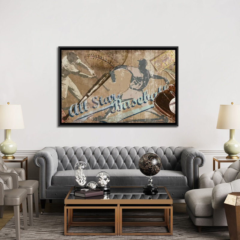 « home run », affiche rétro sur toile tendue, H 40 po x l 60 po x P 1,5 po, Toile encadrée noire, Pas de tapis