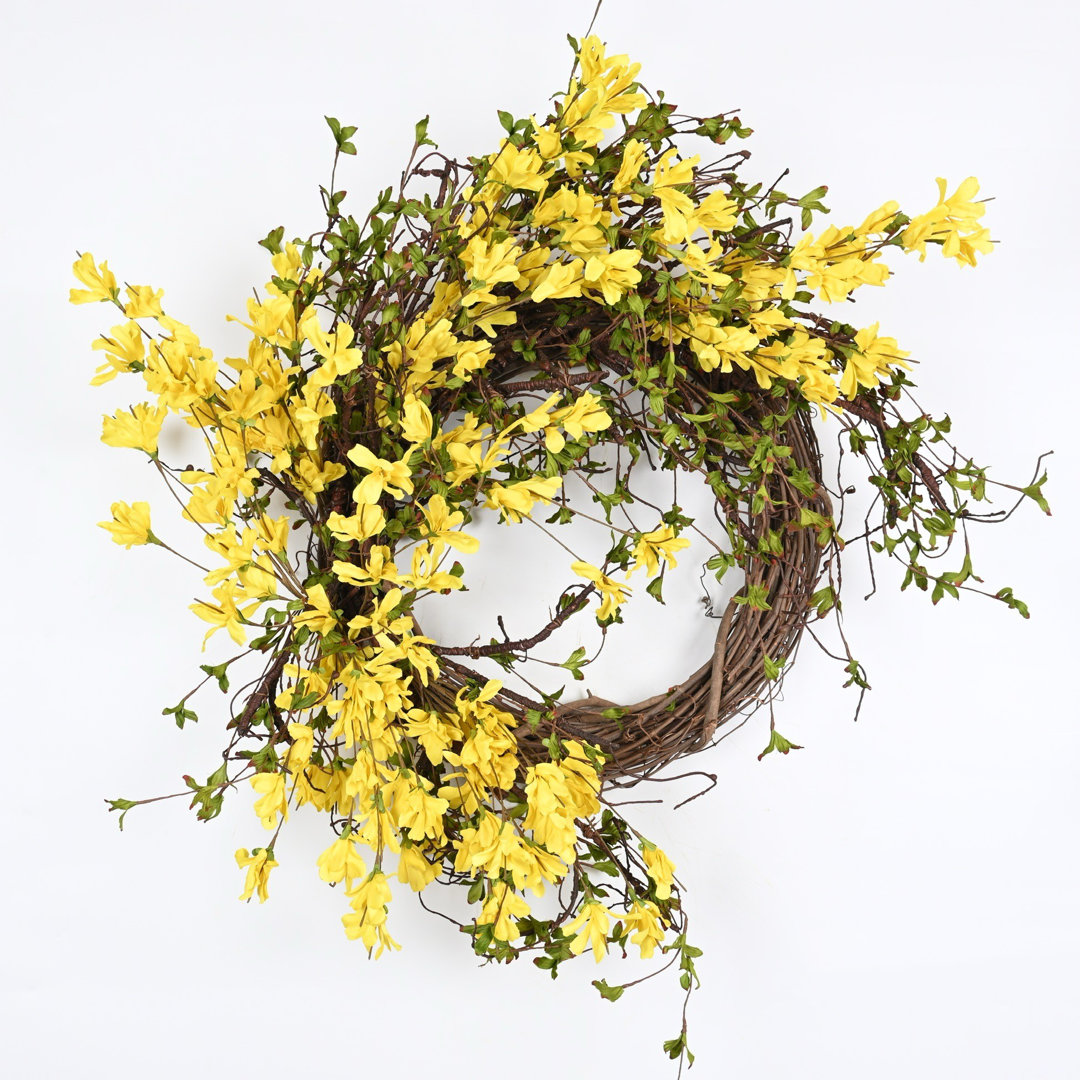 28" Farmhouse Twig Forsythia Summer Fall Flower Wreath for Front Door Primrue