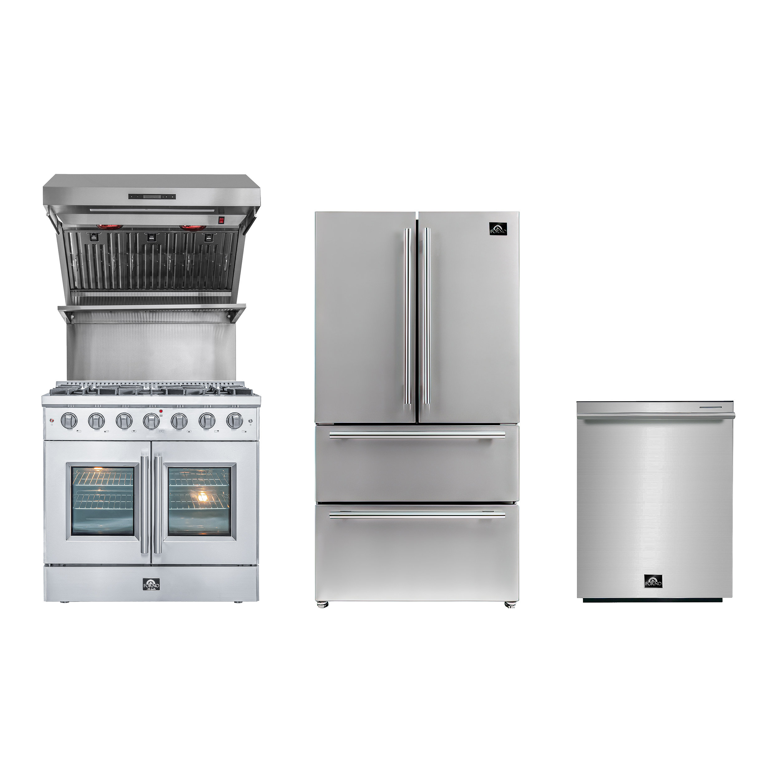 Forno 5 Piece Kitchen Appliance Package with Side By Side Refrigerator ,  48'' Gas Freestanding Range , Built-In Dishwasher , Microwave Drawer , and