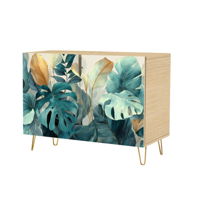 Sideboard Buffet Cabinet with Storage Tropical Foliage Watercolor Teal Olive with 2 Doors for Living Room and Kitchen