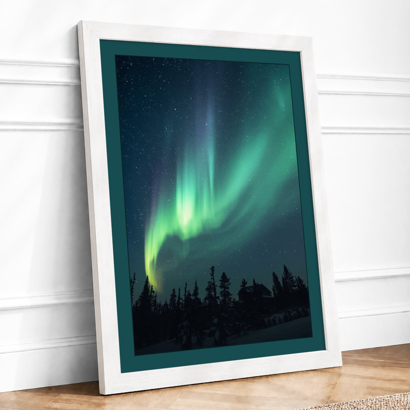Aurora Over Silent Forest Scandinavian - Framed Print, A3 - 42.0 x 29.7 cm, White