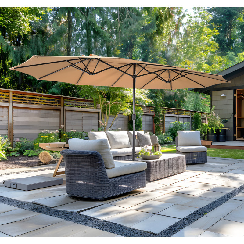 15Ft X 9Ft Patio Double-Sided Umbrella With Base & Crank, Extra Large Rectangular Outdoor Umbrella For Patio, Lawn & Garden