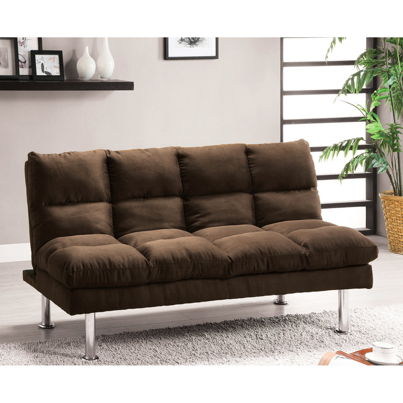 Lit futon en microfibre de style contemporain brun foncé, pieds et support supplémentaire, conversion facile et rapide, lit à 2 places avec pieds, support pour siège lisse