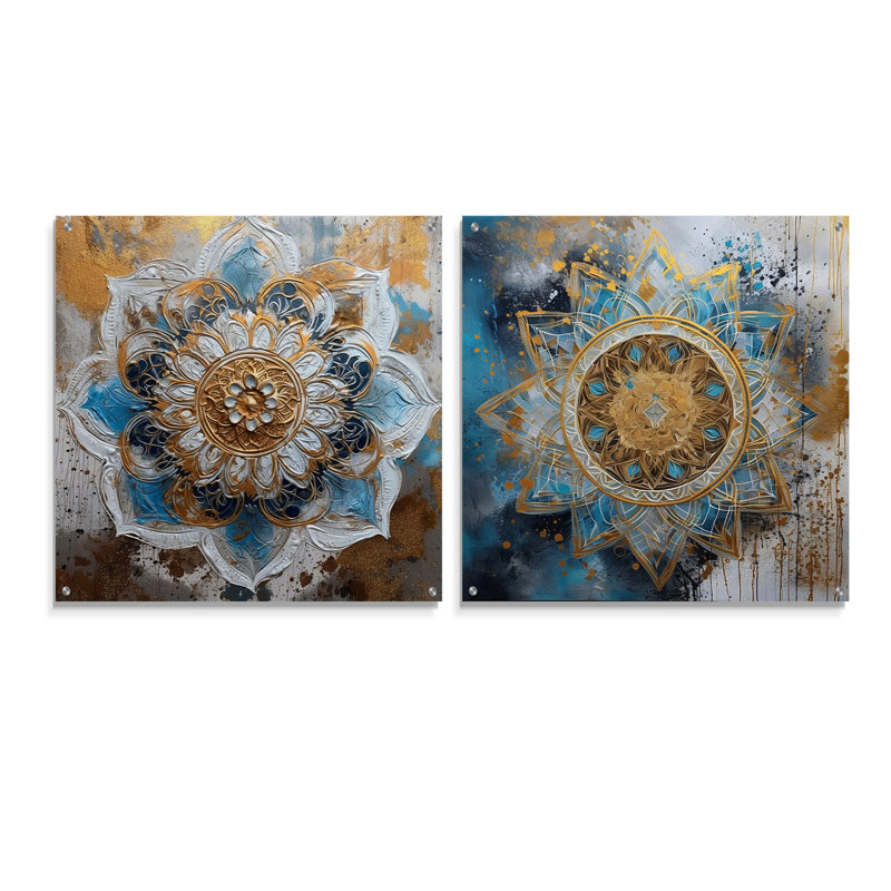 Bleu et or Mandala I - Boho Mandala, ensemble de 2 verres muraux en acrylique, H 16 po x l 33 po