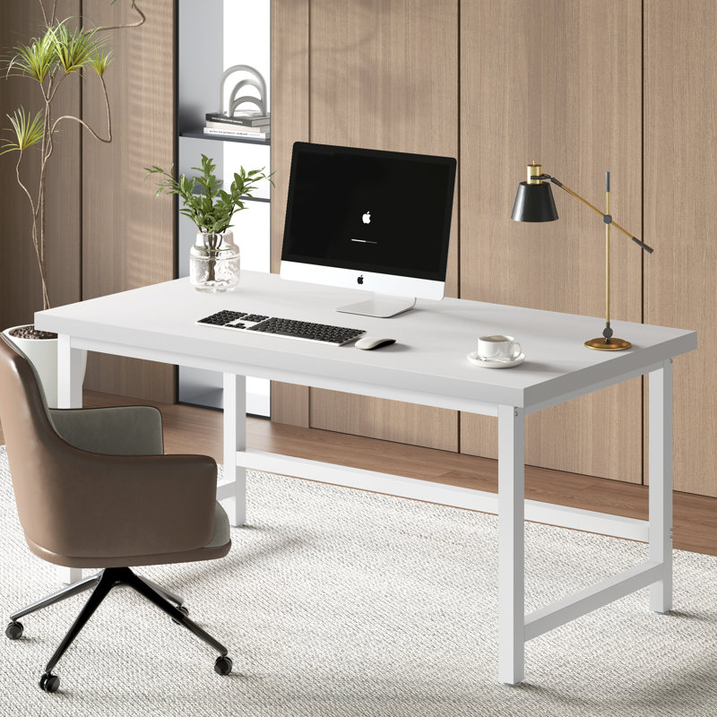 Modern Computer Desk, 61" Large Office Desk Computer Table Study Writing Desk Workstation For Home Office,  White, White