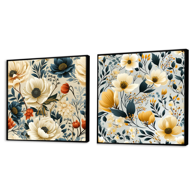 Cedartown - Ensemble de 2 collages carrés botaniques abstraits, Cadre flottant noir, H 16 po x l 33 po