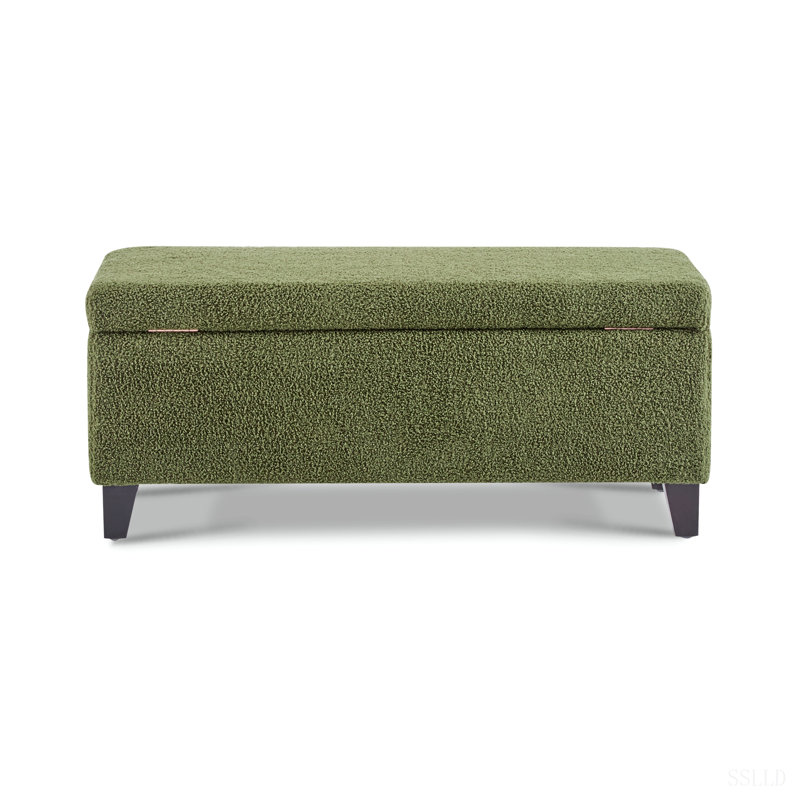 Repose-pieds de rangement avec couvercle rabattable, assemblage facile, pieds bouclés en tissu et bois d'hévéa, vert rétro