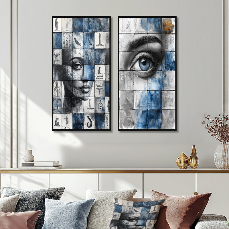 «Blue égyptien hiéroglyphes», ensemble de 2 pièces d'art mural, H 40 po x l 40 po, Cadre flottant noir