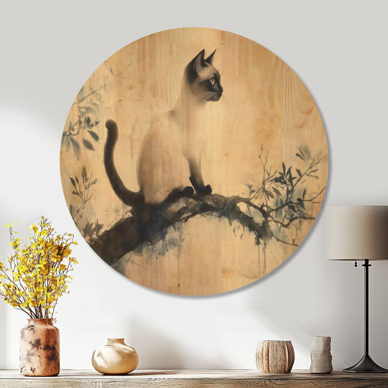 Décoration murale chat siamois encre - beige minimaliste rond en bois, Rond 36 po, Rond