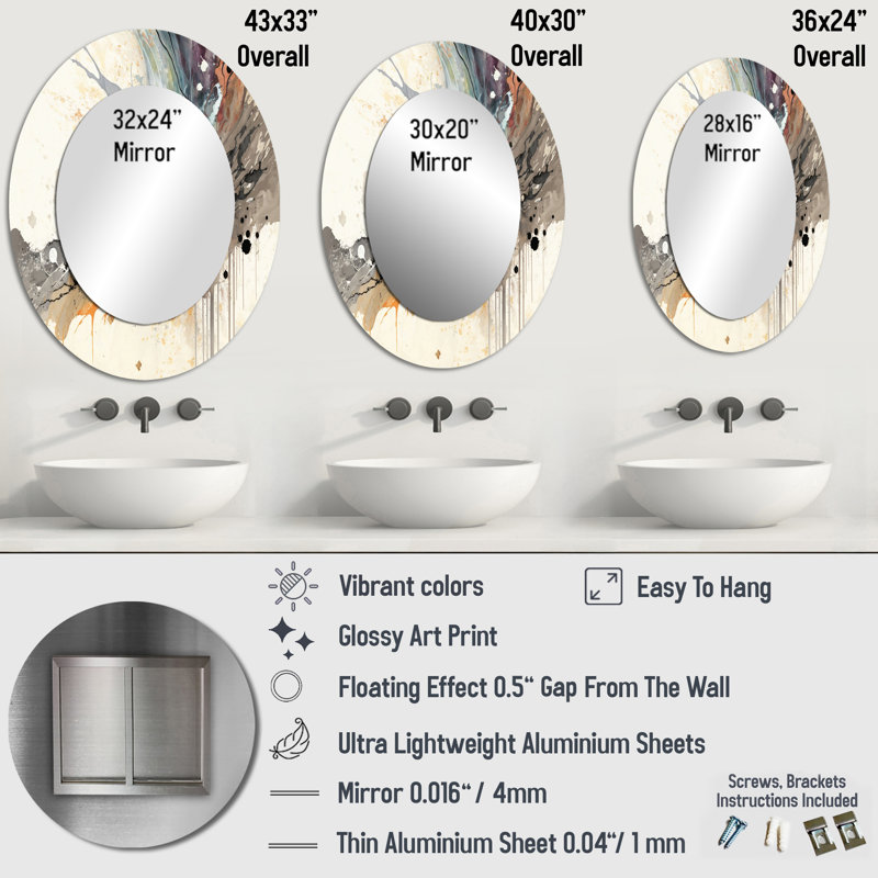Jazz Rhythms In Shades Of Gray III - Black Modern Oval Wall Mirror, 40" x 30"