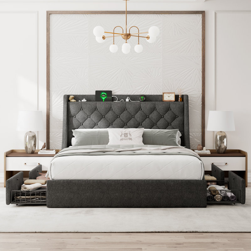  Cadre de grand lit avec 4 tiroirs de rangement, cadre de lit plateforme tapissier avec ports USB Type-C, tête de lit à oreilles, gris foncé