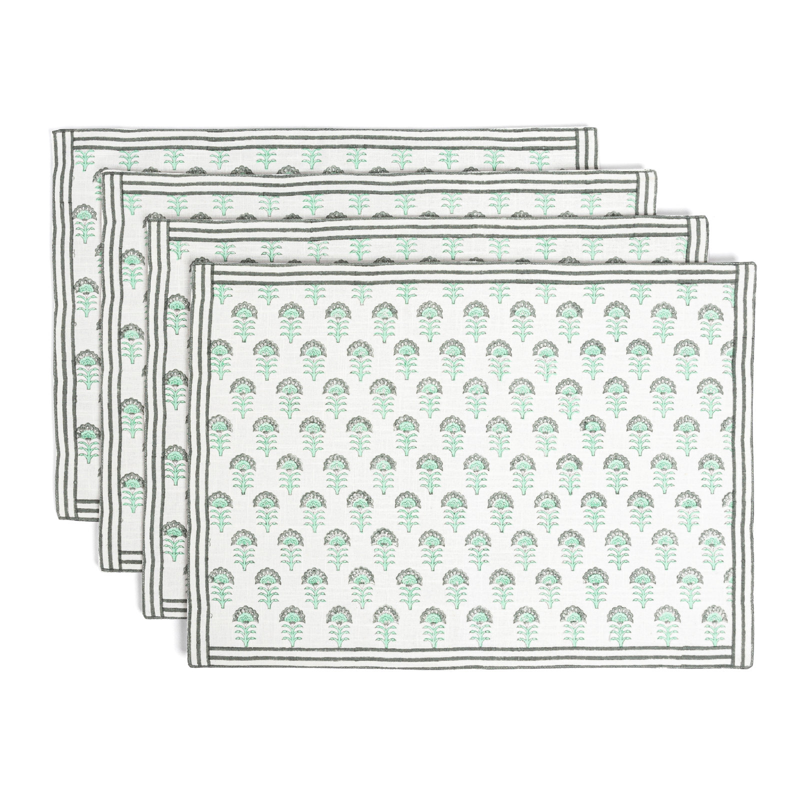 over&back Hand-Blocked Placemats, Set of 4, Green Flower